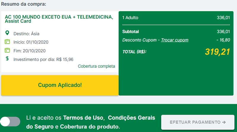 Finalizando a compra do seguro viagem Ásia com cupom de desconto